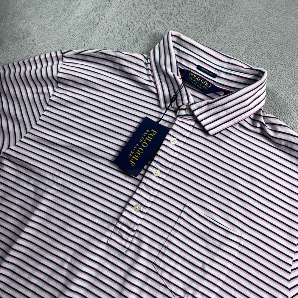 Polo Golf Ralph Lauren Mens Large Stretch Lisle Striped Polo Shirt Pink Navy NEW